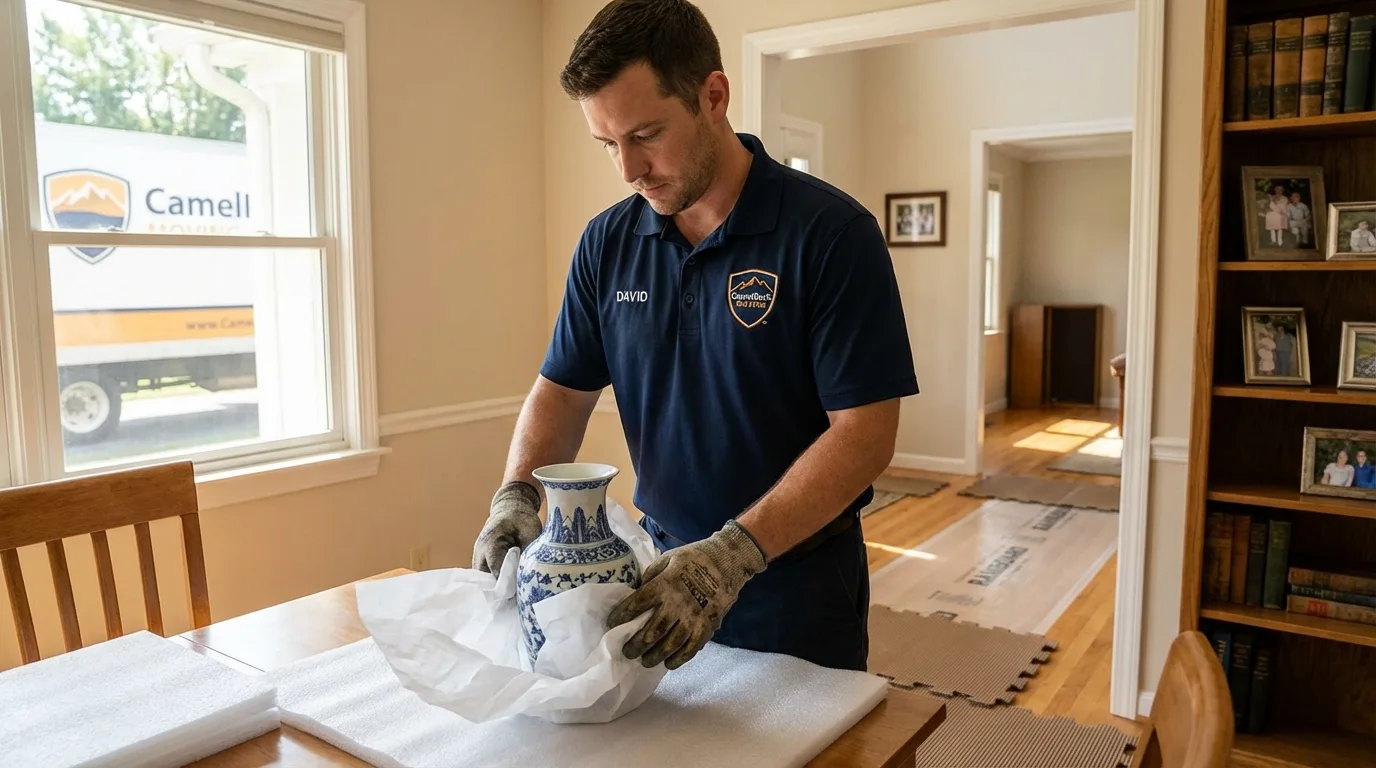 Professional crew carefully wrapping antique vase for senior downsizing move in Granger, WA
